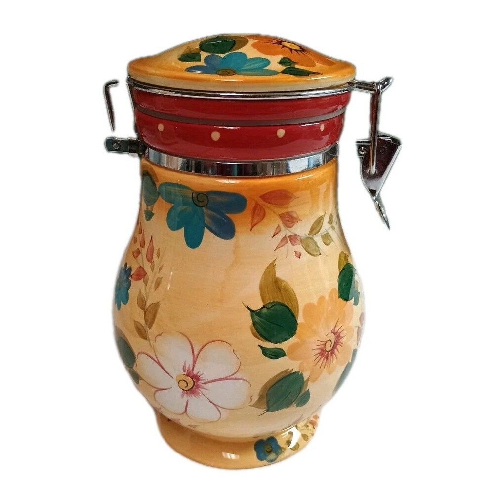 VTG Oneida Sunset Bouquet Hand Painted Ceramic Canister Airtight Hinged Lid 8" - Picture 12 of 16